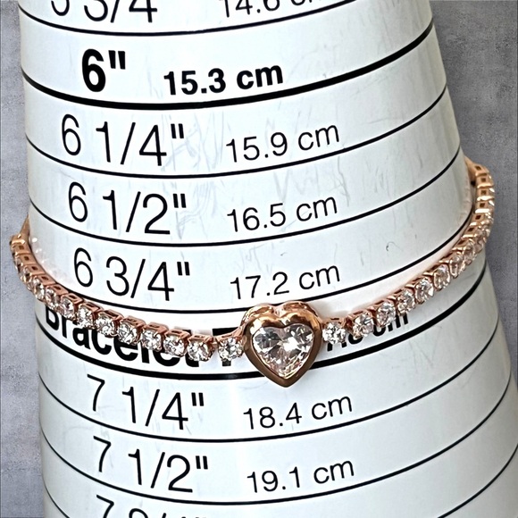 14K Rose GP tennis bracelet with large clear CZ heart Charm & adjustable size - Picture 3 of 4